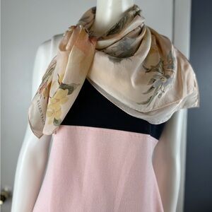 Buttery silk Ellen Tracy Scarf, soft peach, dusty blue, and sage vintage florals